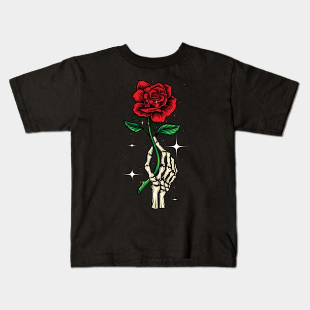 Halloween Skeleton Hand Holding a Red Rose Skeleton Hand Peace Sign Kids T-Shirt by SHB-art